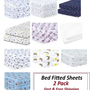 2 Pack Cot Bed Fitted Sheets – Soft Easy Care Durable Baby Bedding Multicolor